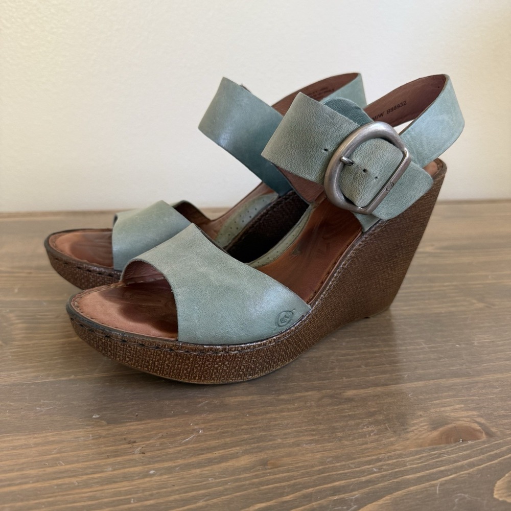 Born Womens 10 Teal Blue Leather Wedge Heel Sandals Silver Buckle Open Toe
